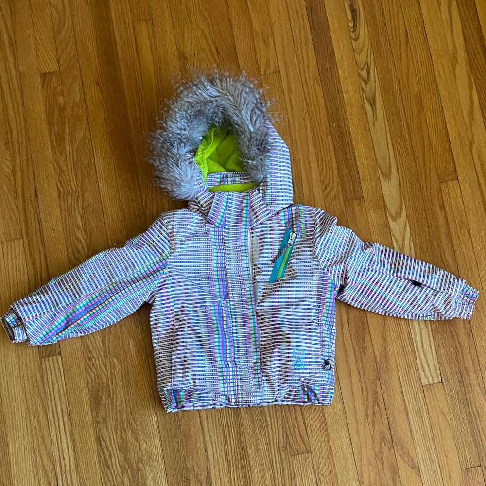 Girls' Bright Color Stripe Winter Jacket with Faux Fur Hood